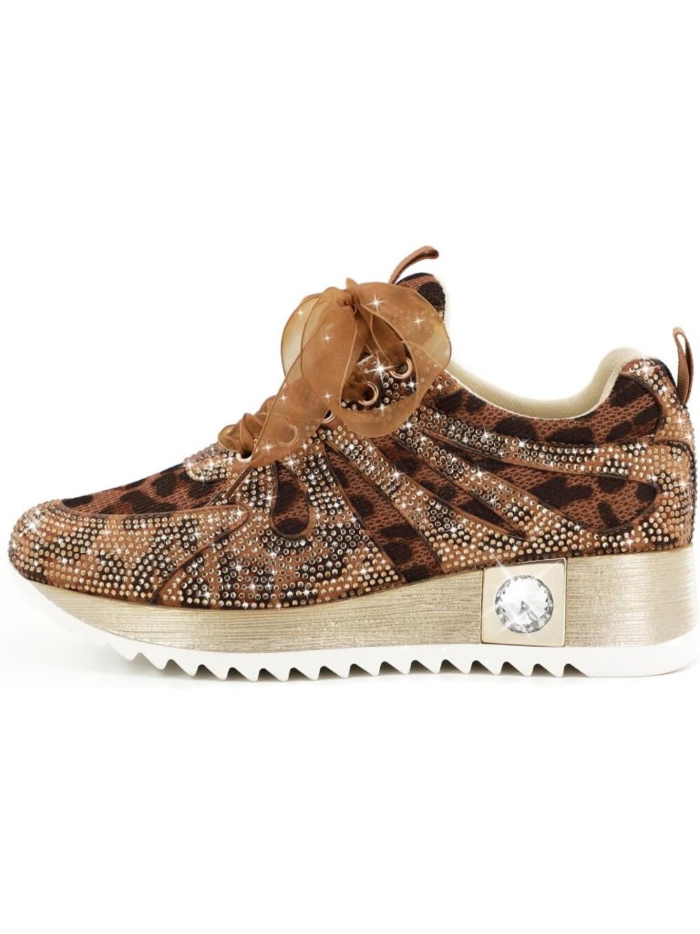 Women's Leapord Mesh Platform Wedge Sparkly Rhinestone High Top Glitter Sneakers - Picture 3 of 6